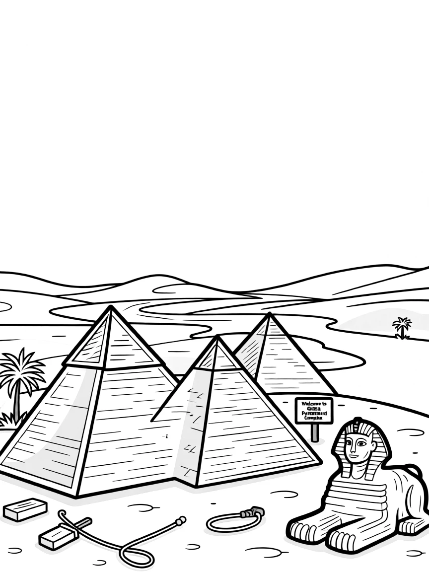 The Giza Pyramid Complex with Egyptian Old Kingdom monuments, Sphinx guardian mysteries, Nile River desert transition, and ancient engineering marvels