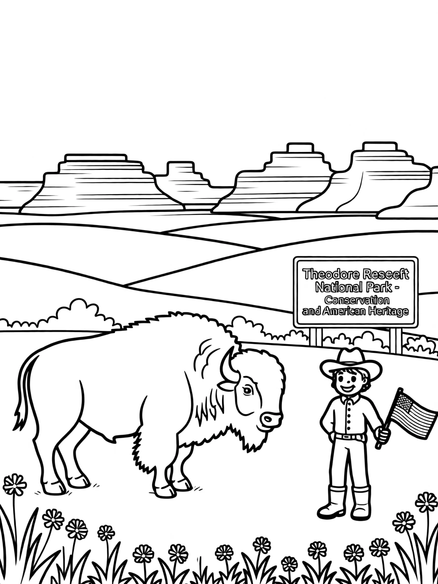 Theodore Roosevelt National Park with North Dakota badlands character building, American bison restoration, Rough Rider presidential history, and Great Plains conservation