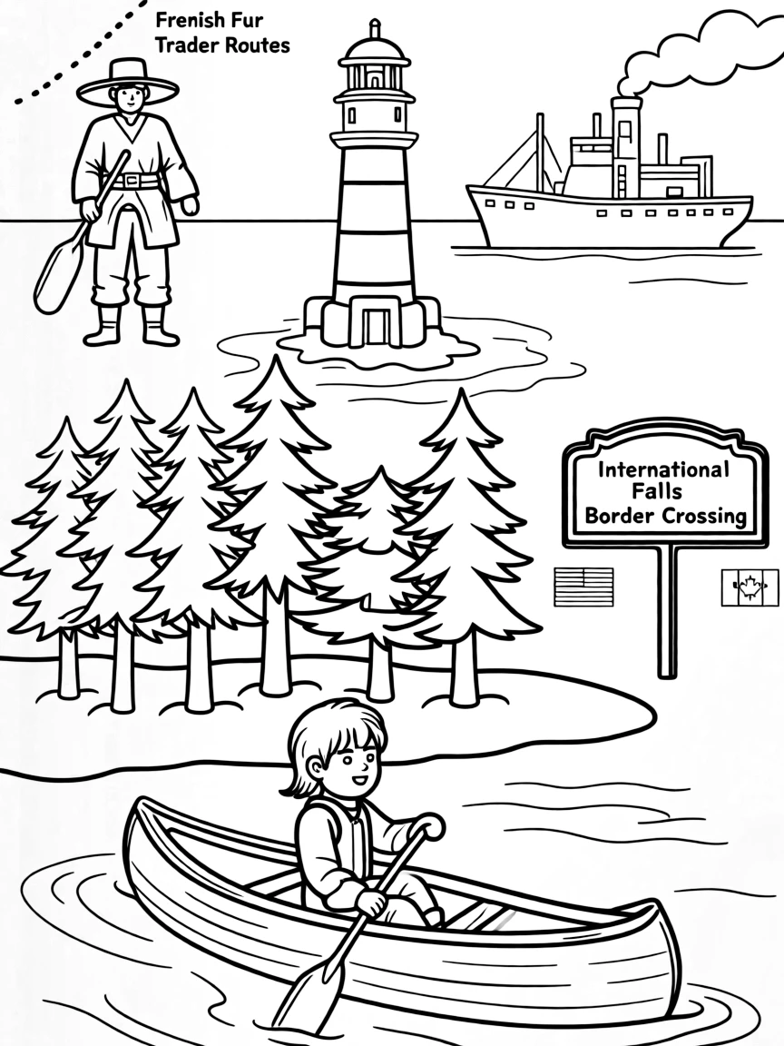 Voyageurs National Park with Minnesota boundary waters canoeing, French fur trader routes, International Falls border crossing, and Great Lakes maritime heritage
