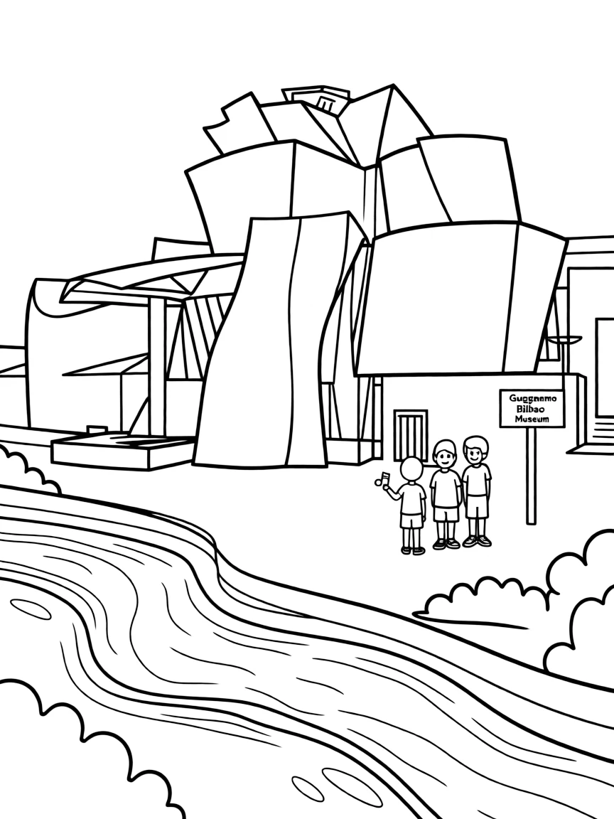 The Guggenheim Bilbao with Spanish Basque contemporary architecture, Frank Gehry titanium curves, Nervion River urban regeneration, and modern art museum innovation