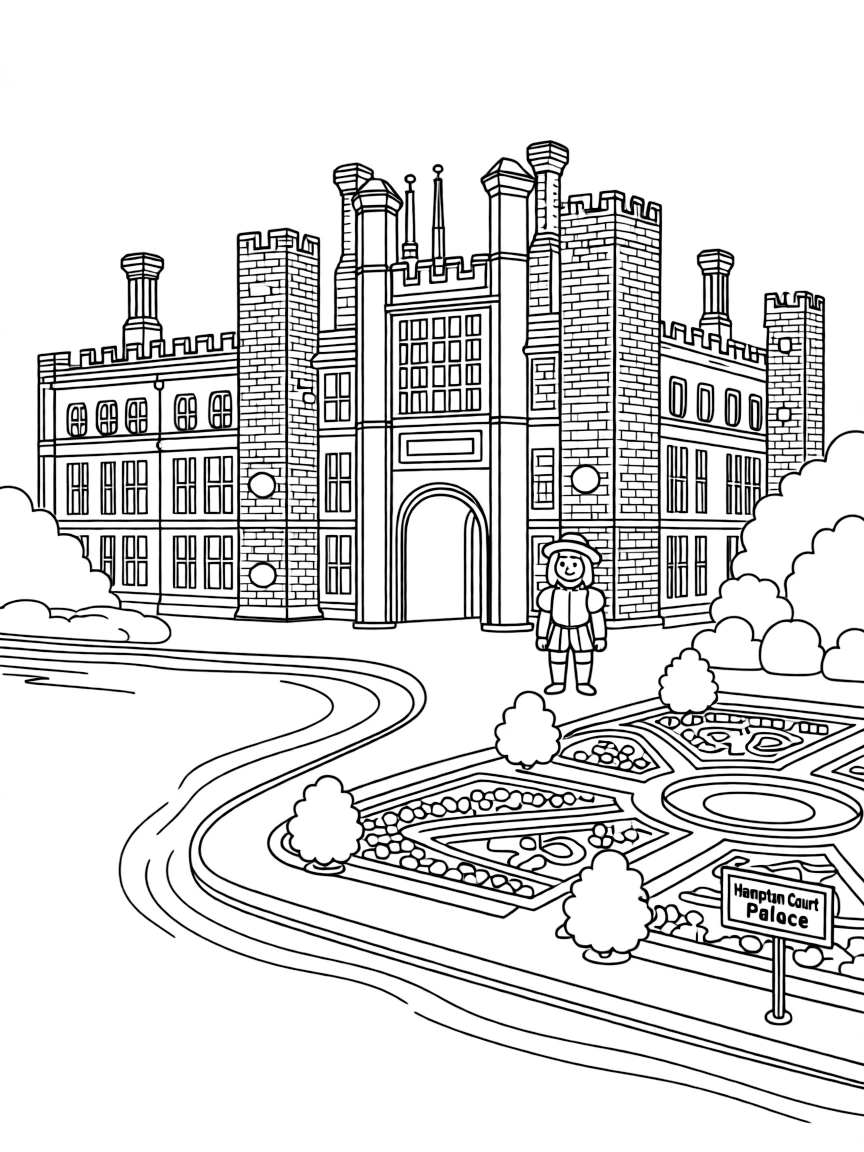 The Hampton Court Palace with English Tudor royal residence, Henry VIII historical significance, Thames River royal access, and Renaissance garden design