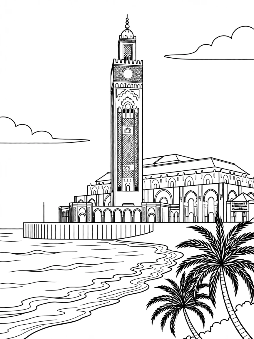 The Hassan II Mosque Casablanca with Moroccan Atlantic Ocean minaret, modern Islamic architecture, traditional craftsmanship showcase, and North African cultural pride