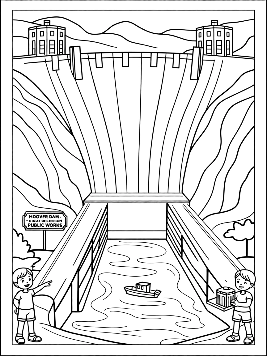The Hoover Dam with Nevada-Arizona Colorado River control, Art Deco engineering monument, Lake Mead recreation, and Depression-era public works achievement
