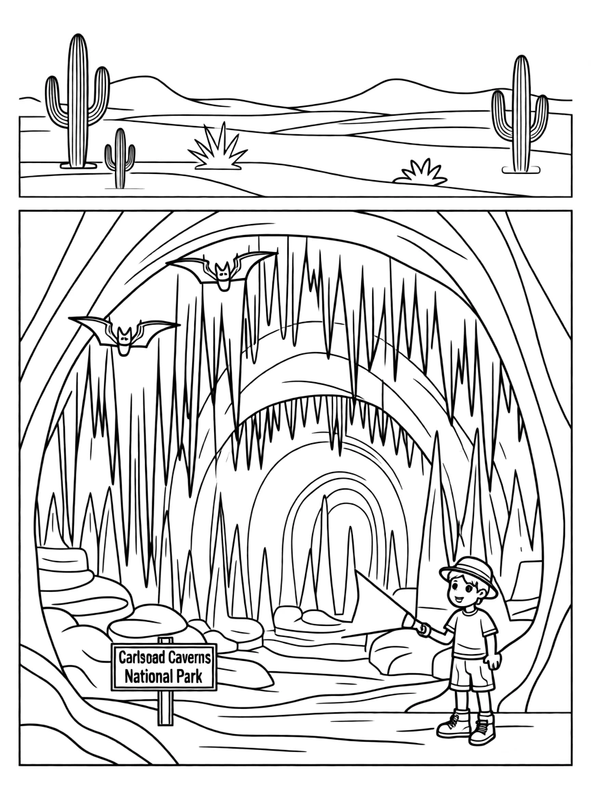 Carlsbad Caverns National Park with New Mexico underground limestone palace, Brazilian free-tailed bat colonies, Big Room natural cathedral, and Chihuahuan Desert surface