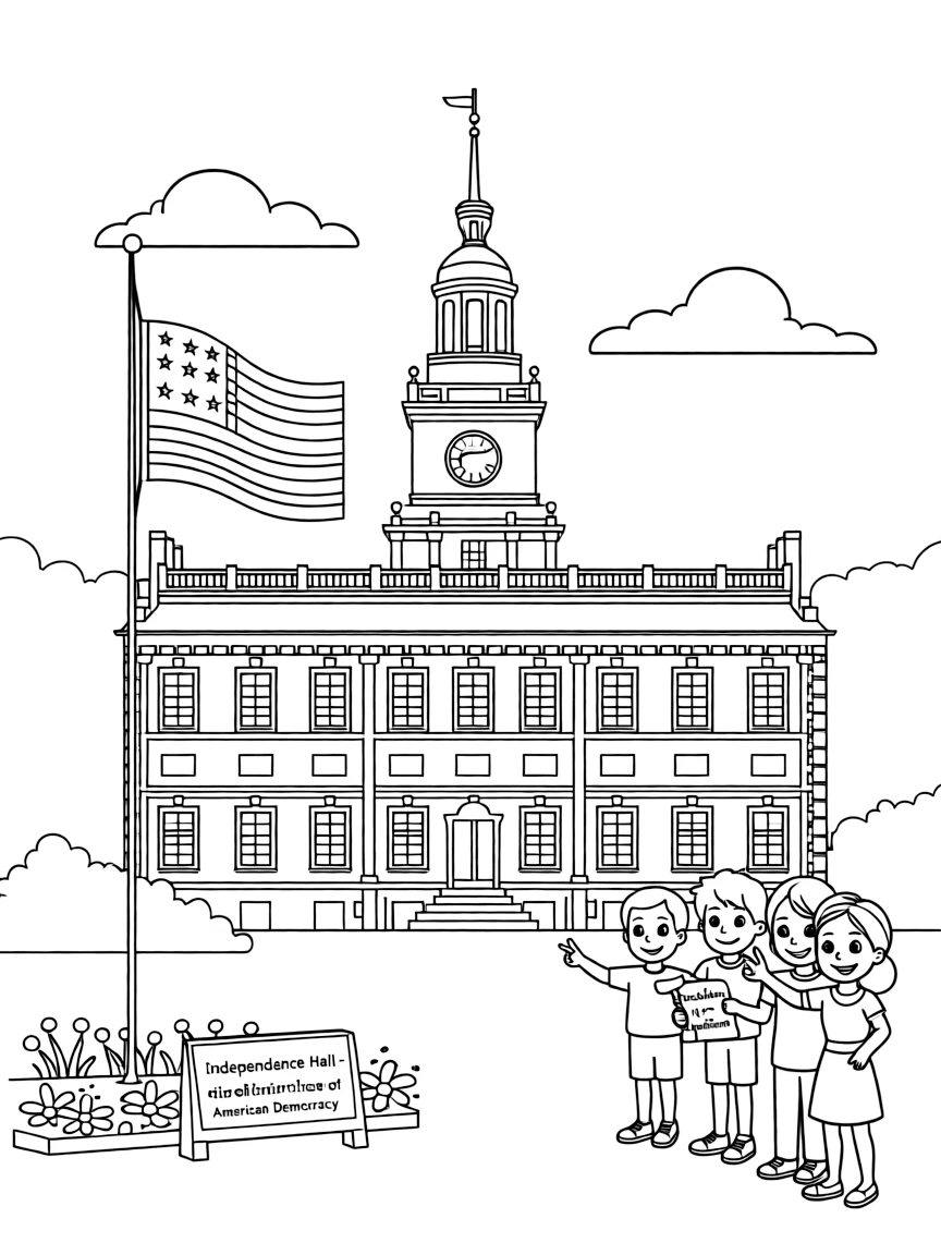The Independence Hall with Pennsylvania American Revolution birthplace, Declaration of Independence signing, Constitutional Convention hosting, and democratic foundation symbolism