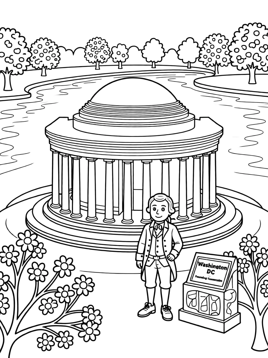 The Jefferson Memorial with Washington DC Founding Father commemoration, Tidal Basin cherry blossom setting, neoclassical rotunda architecture, and American democratic ideals