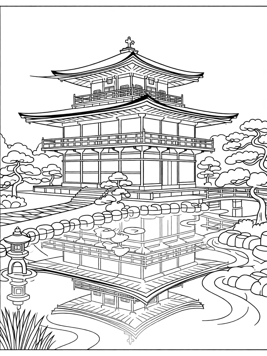 The Kinkaku-ji Golden Pavilion with Japanese Zen Buddhist aesthetics, Kyoto temple garden harmony, pond reflection symbolism, and traditional Japanese architectural refinement