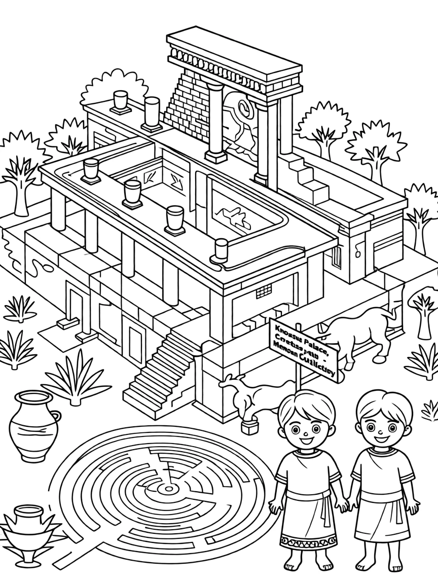 The Knossos Palace with Greek Minoan civilization reconstruction, Crete Bronze Age achievements, labyrinth mythology connections, and Mediterranean ancient culture
