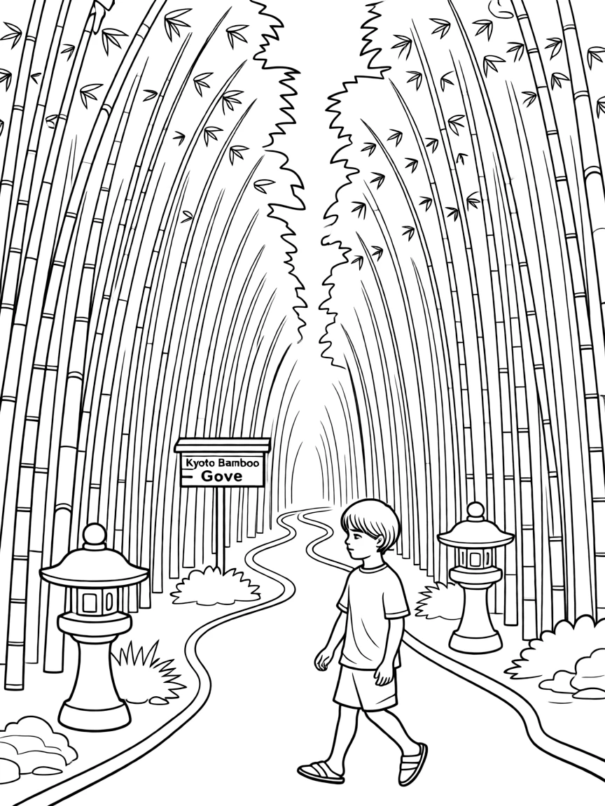 The Kyoto Bamboo Grove with Japanese Arashiyama district natural cathedral, bamboo forest acoustic properties, traditional Japanese garden aesthetics, and spiritual walking meditation