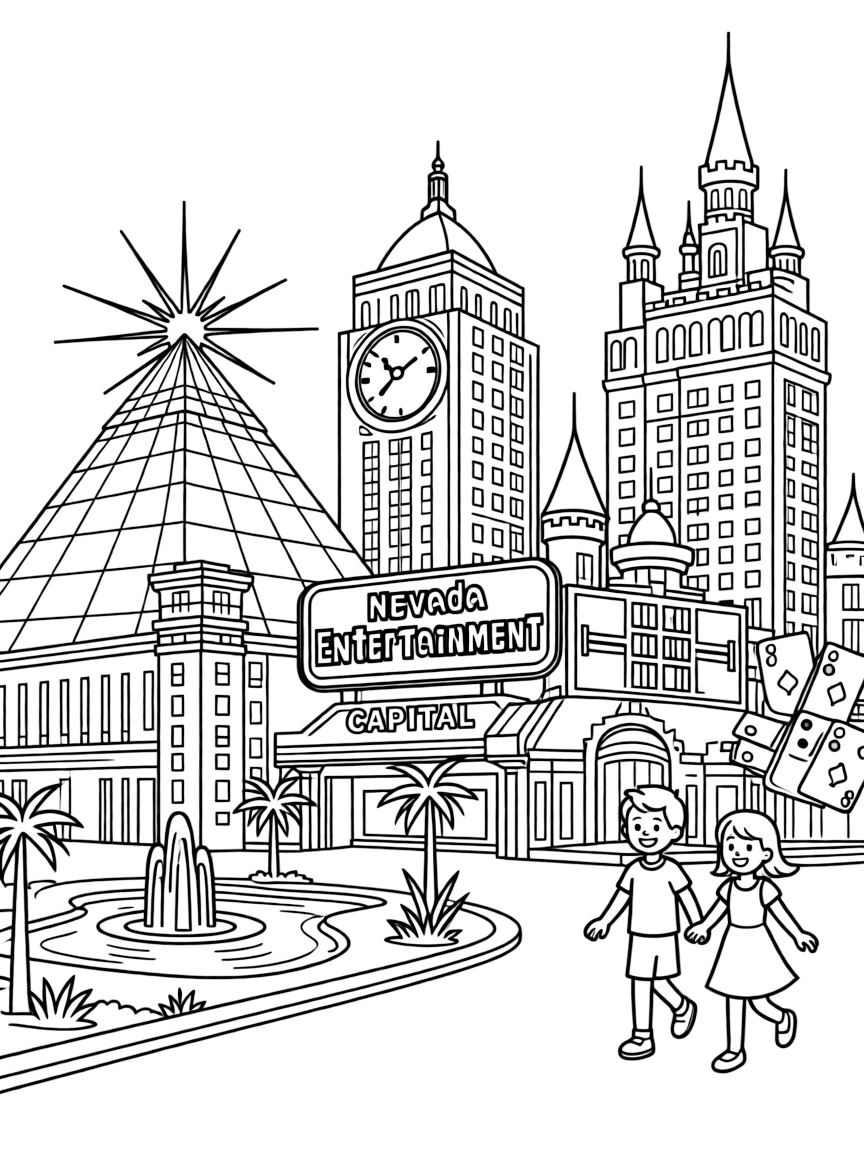 The Las Vegas Strip with Nevada entertainment capital, casino architectural fantasies, desert oasis artificial creation, and American excess cultural expression