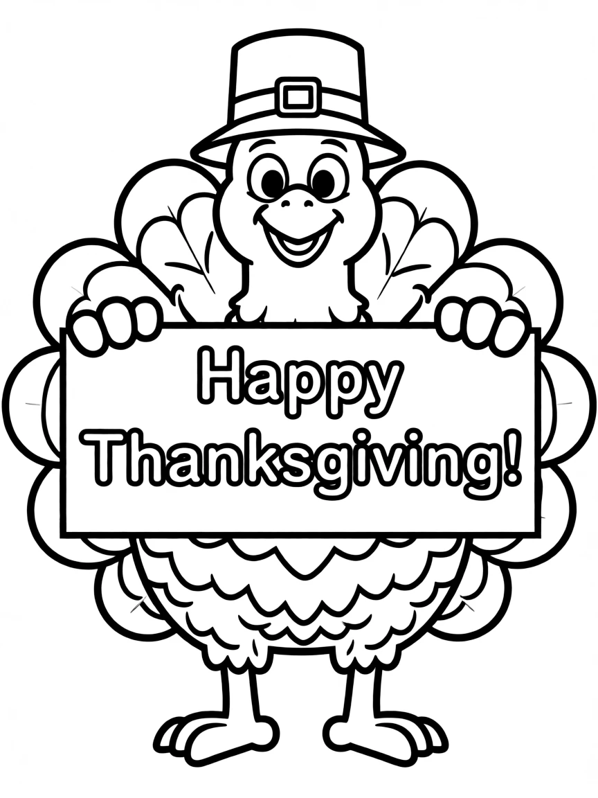 A plump turkey wearing a pilgrim hat, holding a sign that says "Happy Thanksgiving!"