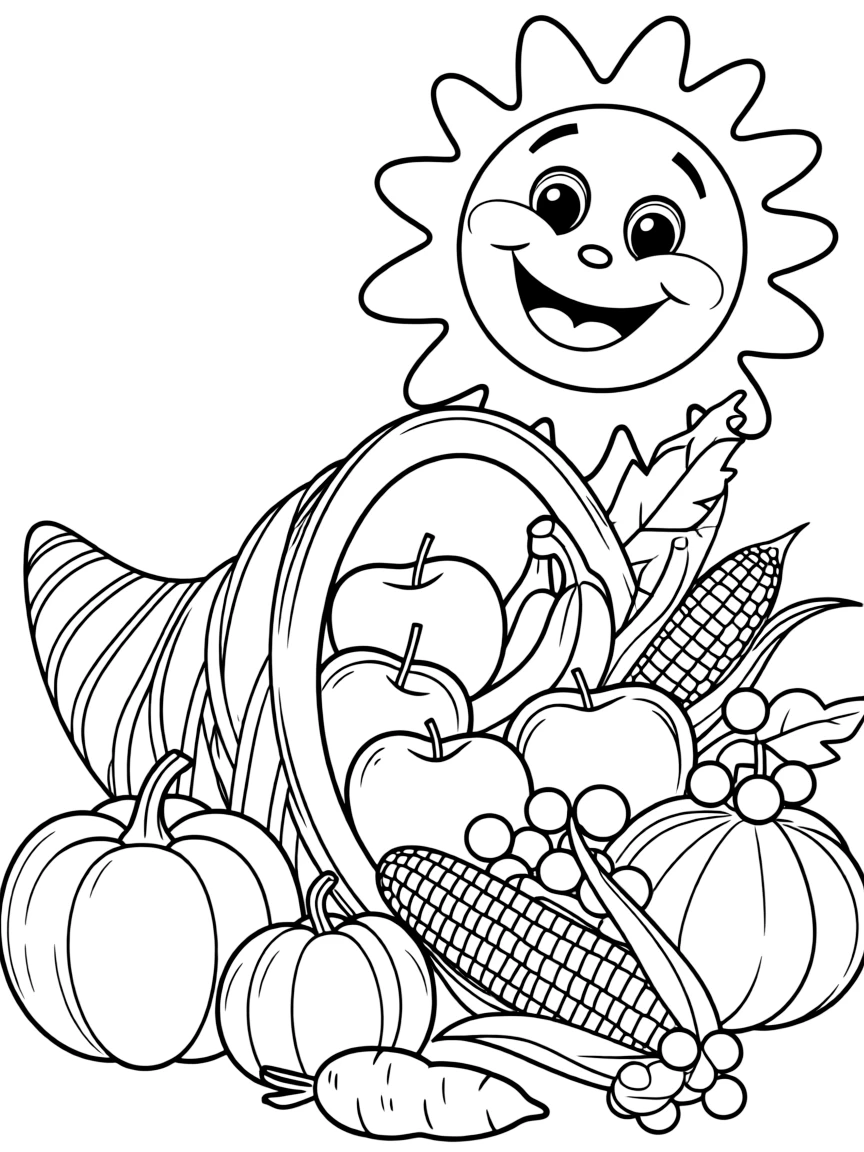 A cornucopia overflowing with fruits, vegetables, and gourds, with a smiling sun in the background.