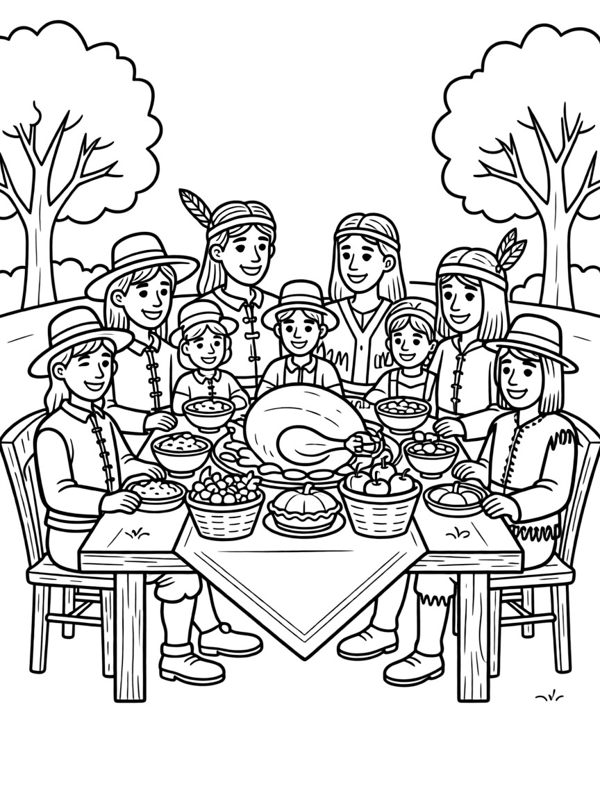 A family of cartoon pilgrims and Native Americans sharing a Thanksgiving feast together.