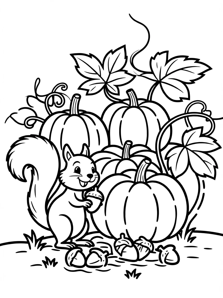 A friendly squirrel burying acorns near a pumpkin patch.