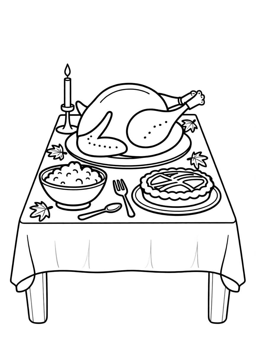 A large, decorated Thanksgiving table with a roasted turkey, mashed potatoes, and pumpkin pie.