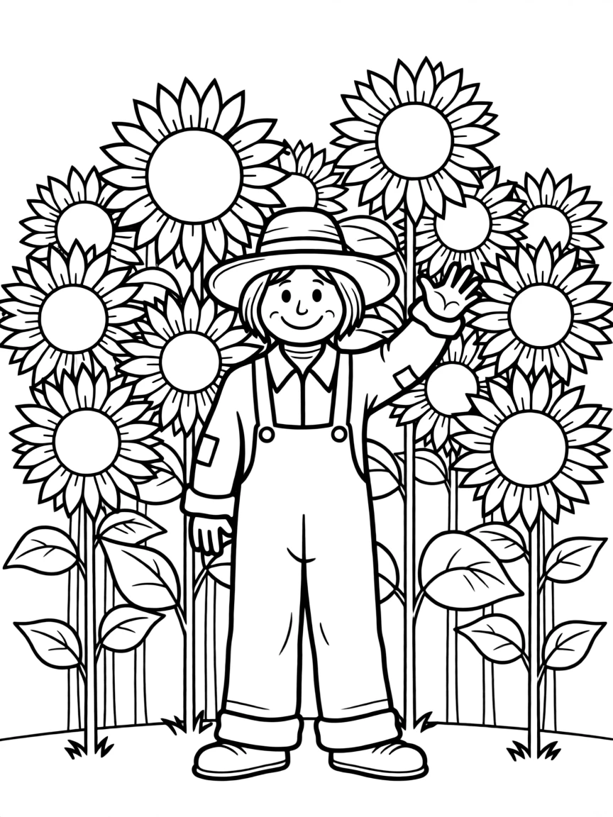 A cheerful scarecrow waving in a field of sunflowers.