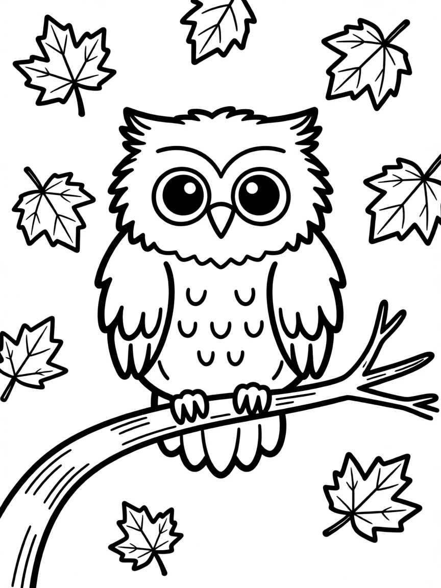 A cute owl perched on a bare tree branch, looking at falling autumn leaves.