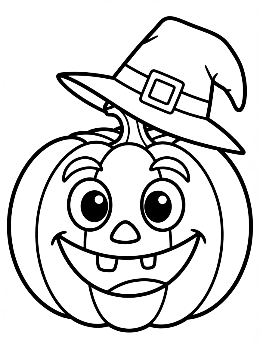 A smiling pumpkin with a pilgrim hat and big, friendly eyes.