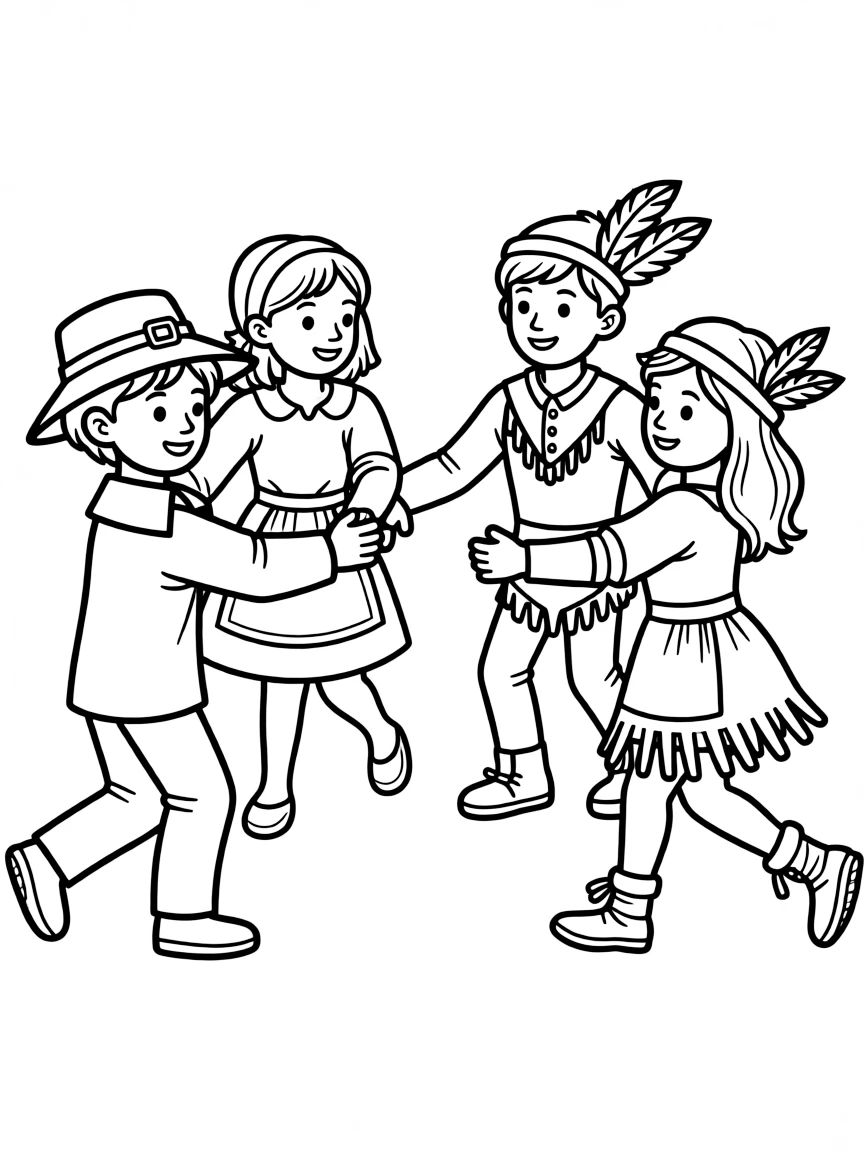 A group of kids dressed as pilgrims and Native Americans playing ring-around-the-rosy.