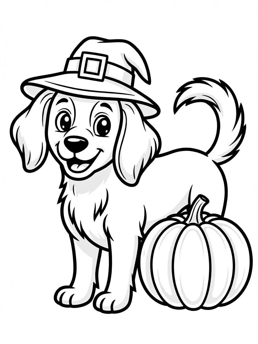 A dog wearing a tiny pilgrim hat, wagging its tail next to a pumpkin.