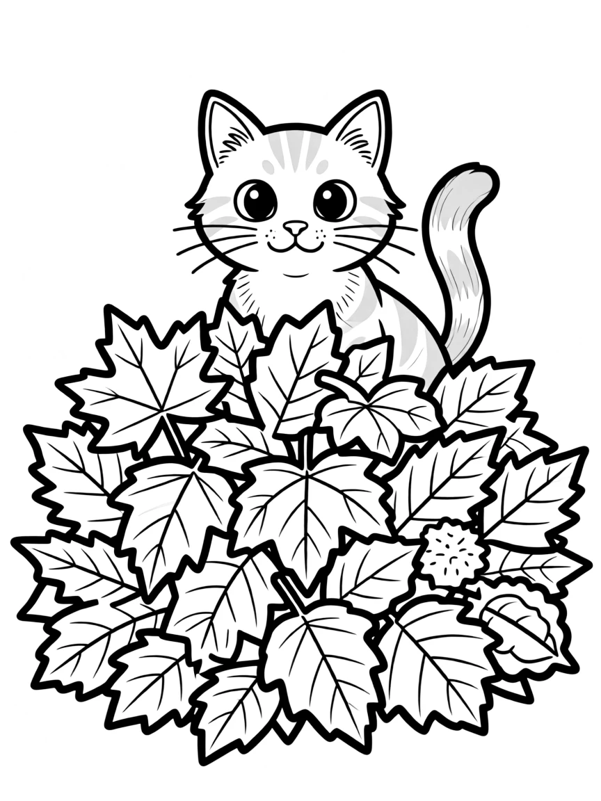 A cat peeking out from behind a pile of colorful autumn leaves.