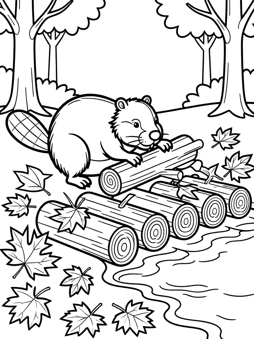 A busy beaver building a dam with fallen logs and autumn foliage.