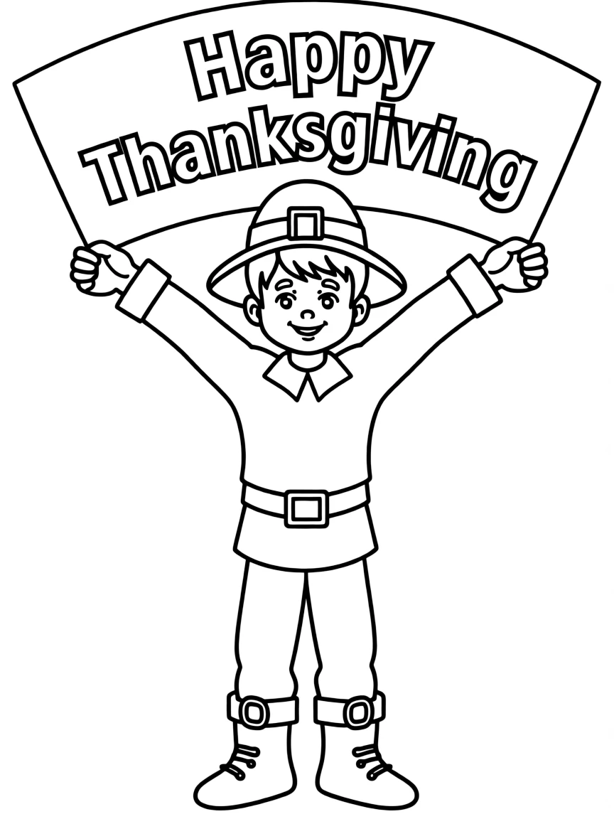 A happy pilgrim boy holding a Thanksgiving banner.