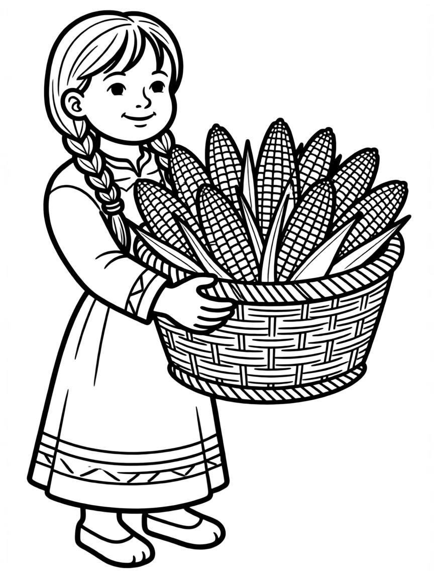 A kind Native American girl offering a basket of corn.