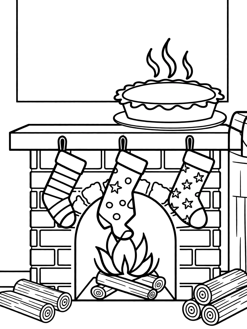 A cozy fireplace with stockings hung and a Thanksgiving pie cooling on the mantel.