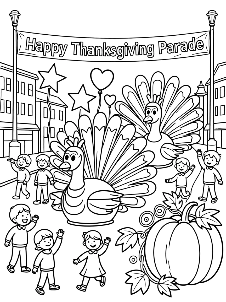 A bountiful Thanksgiving parade with floats shaped like turkeys and pumpkins.