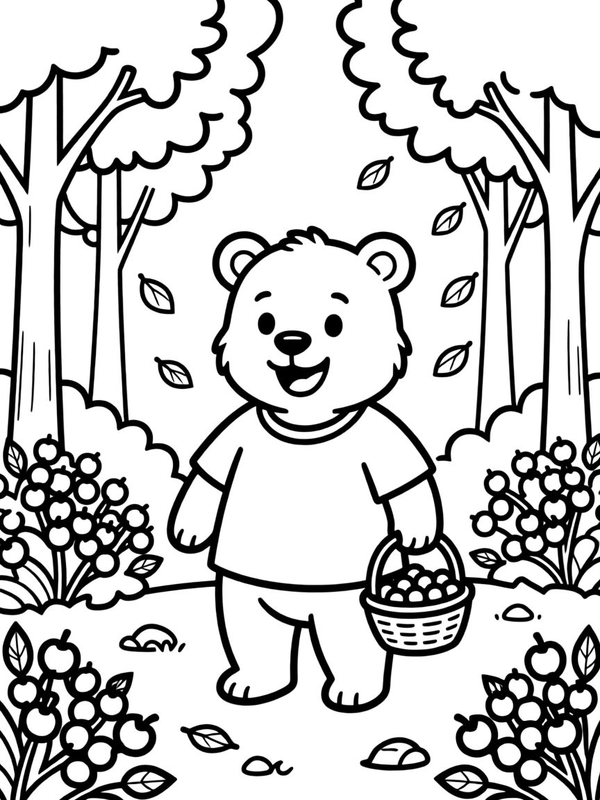 A friendly bear collecting berries in a forest with autumn trees.