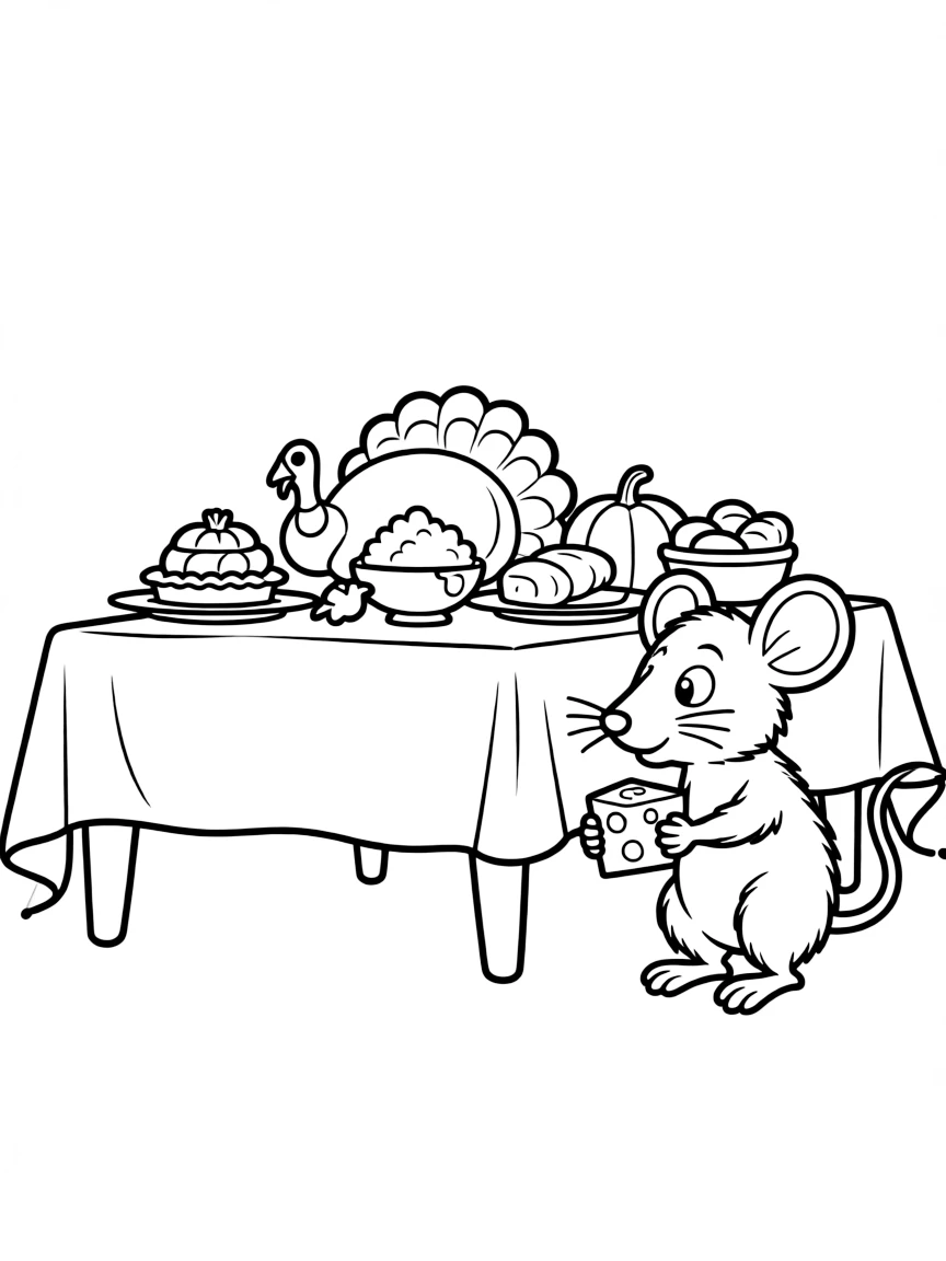 A little mouse sneaking a piece of cheese from a Thanksgiving table.