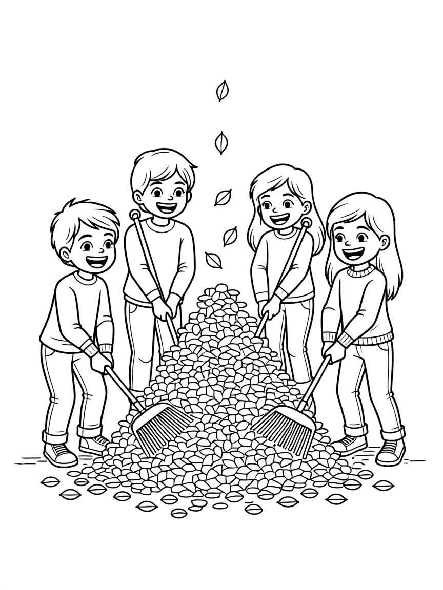 A group of happy children raking leaves into a big pile.