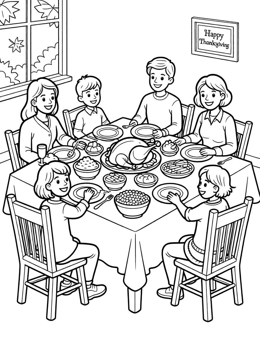A detailed Thanksgiving dinner scene with various dishes and happy family members.