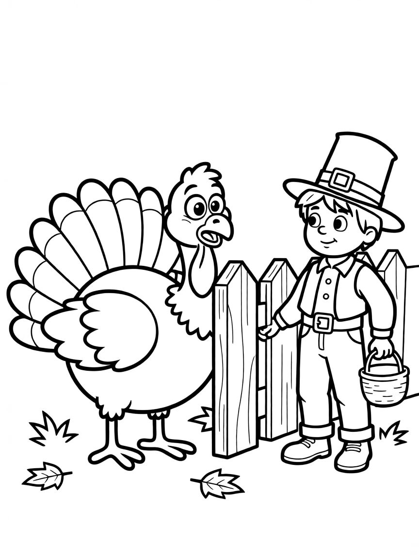 A funny turkey trying to hide from a pilgrim.