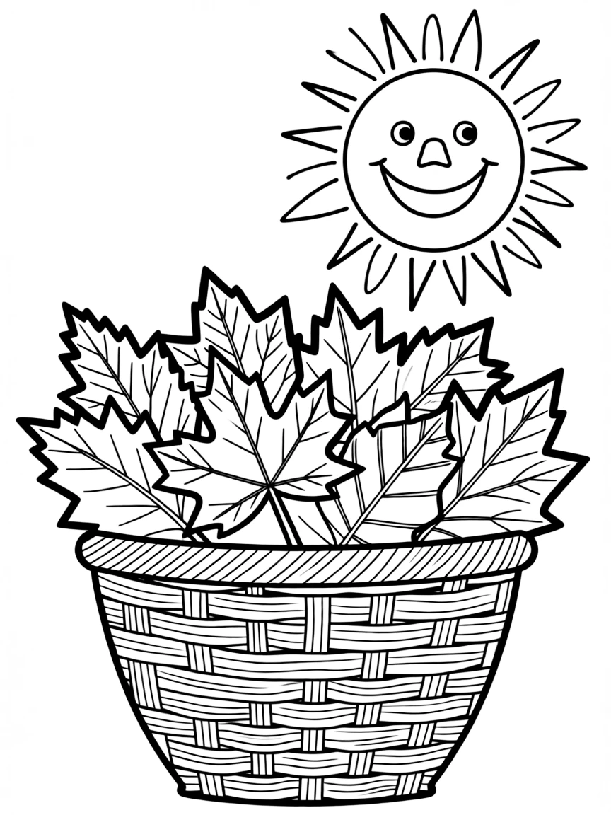 A basket full of colorful autumn leaves, with a smiling sun above.