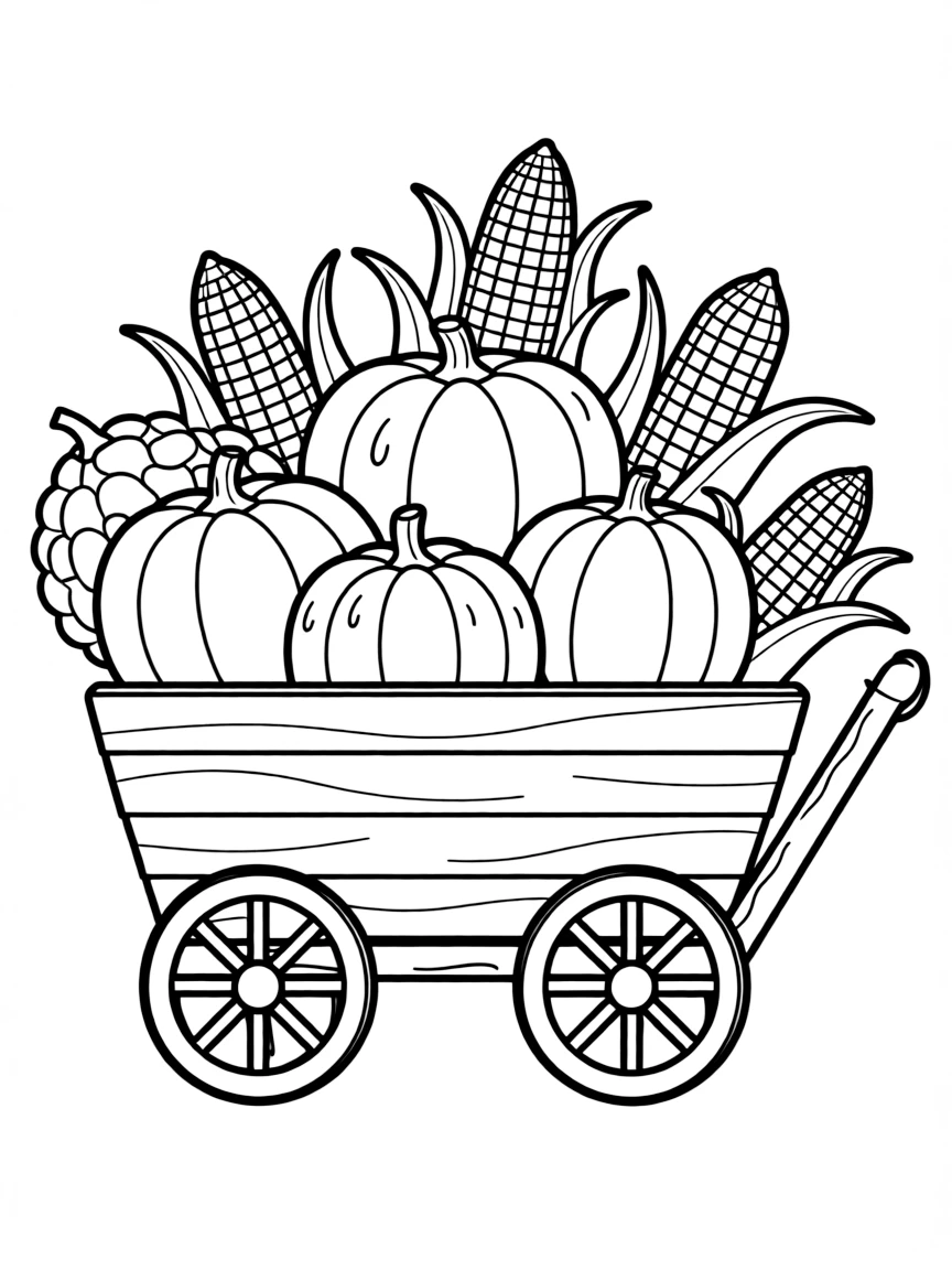 A wagon overflowing with pumpkins, gourds, and corn.