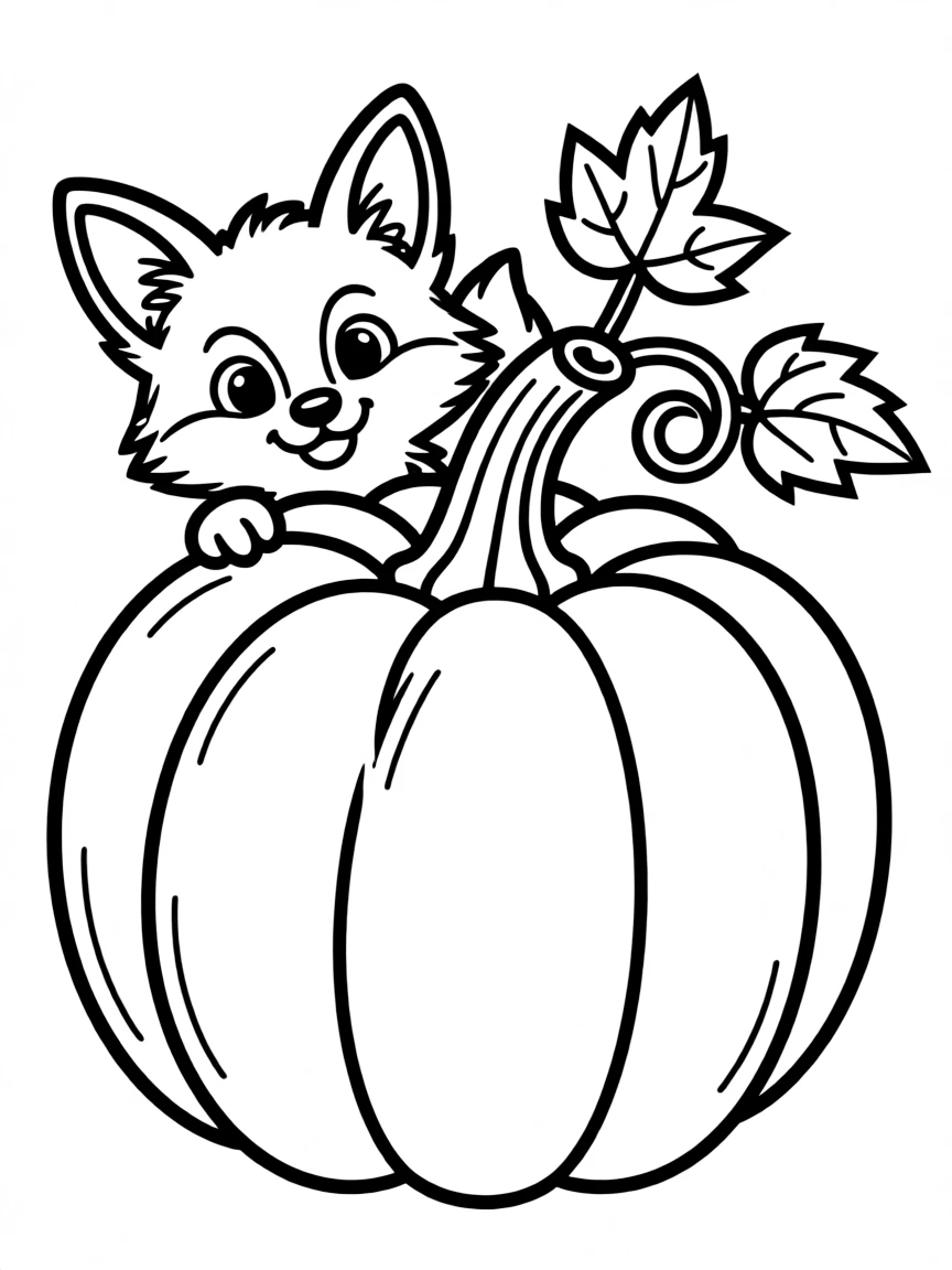 A cute fox peeking out from behind a large pumpkin.