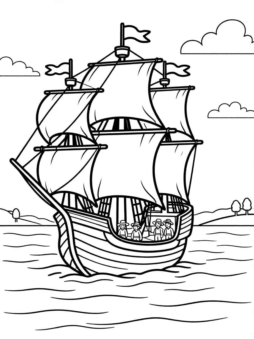 A pilgrim ship sailing on a calm ocean towards a new land.