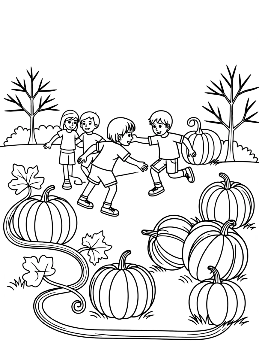 A group of children playing tag in a pumpkin patch.