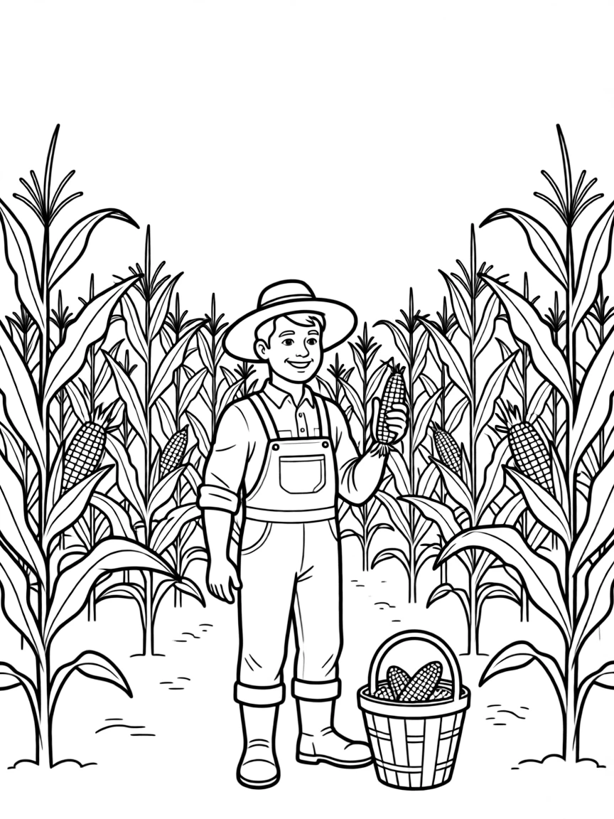 A friendly farmer harvesting corn in a field.