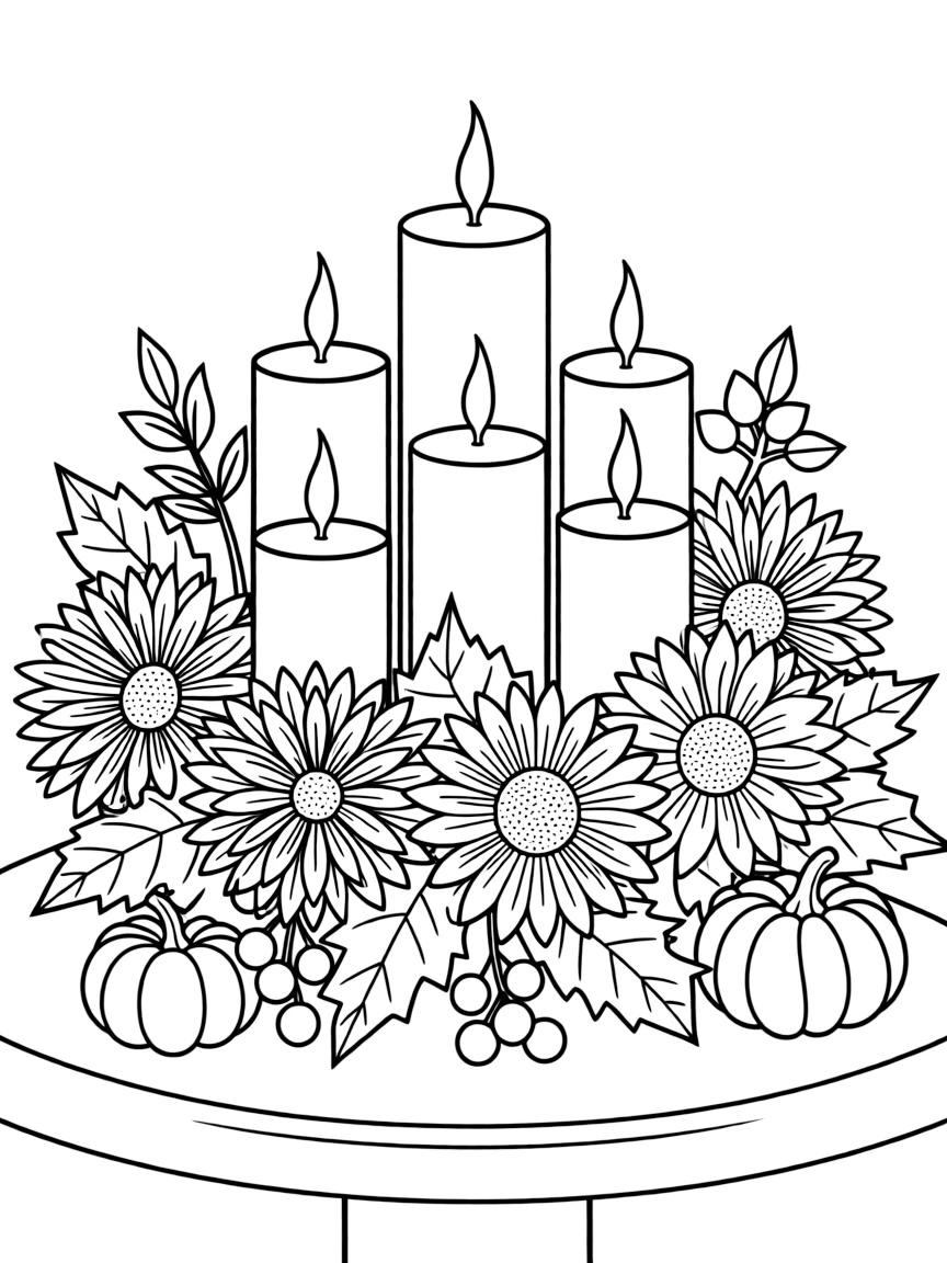 A large, ornate Thanksgiving centerpiece with candles and flowers.