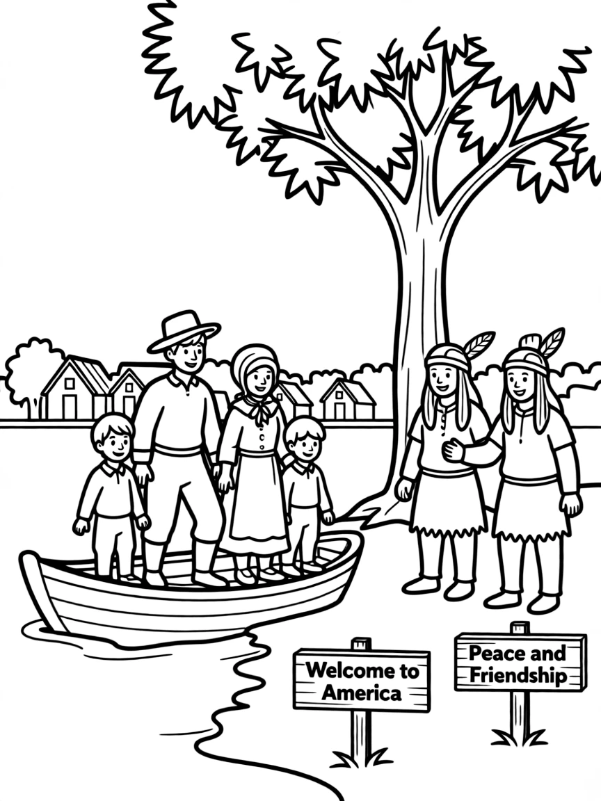 A pilgrim family arriving in America, greeted by friendly Native Americans.