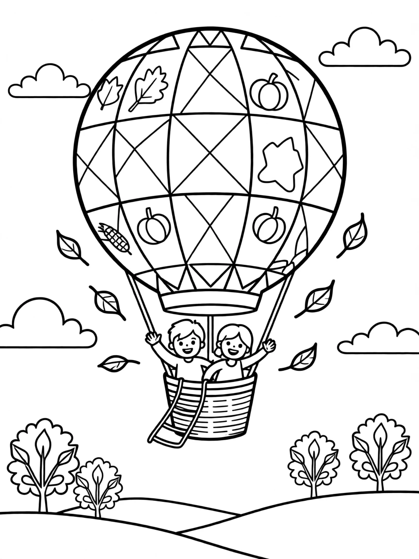 A Thanksgiving-themed hot air balloon soaring through the sky.