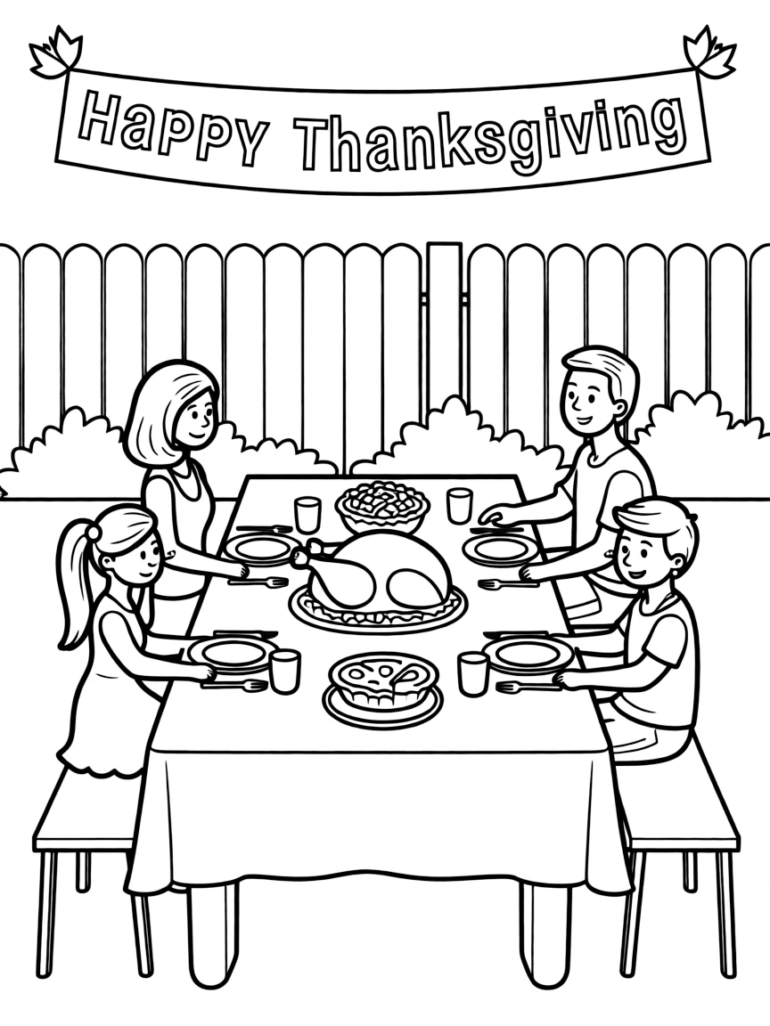 A happy family sharing a Thanksgiving meal in their backyard.