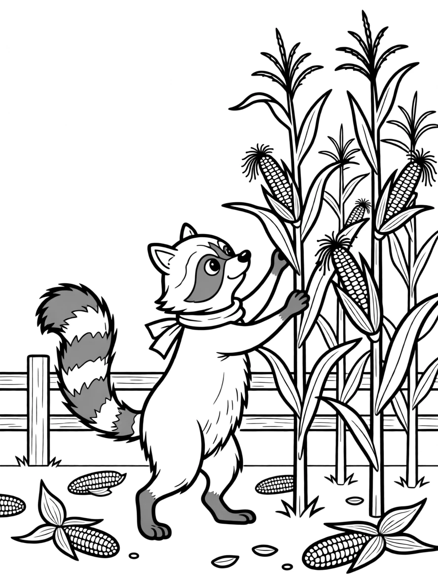 A playful raccoon raiding a cornfield.