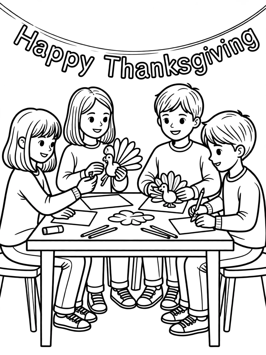 A group of children making Thanksgiving crafts, like paper turkeys.