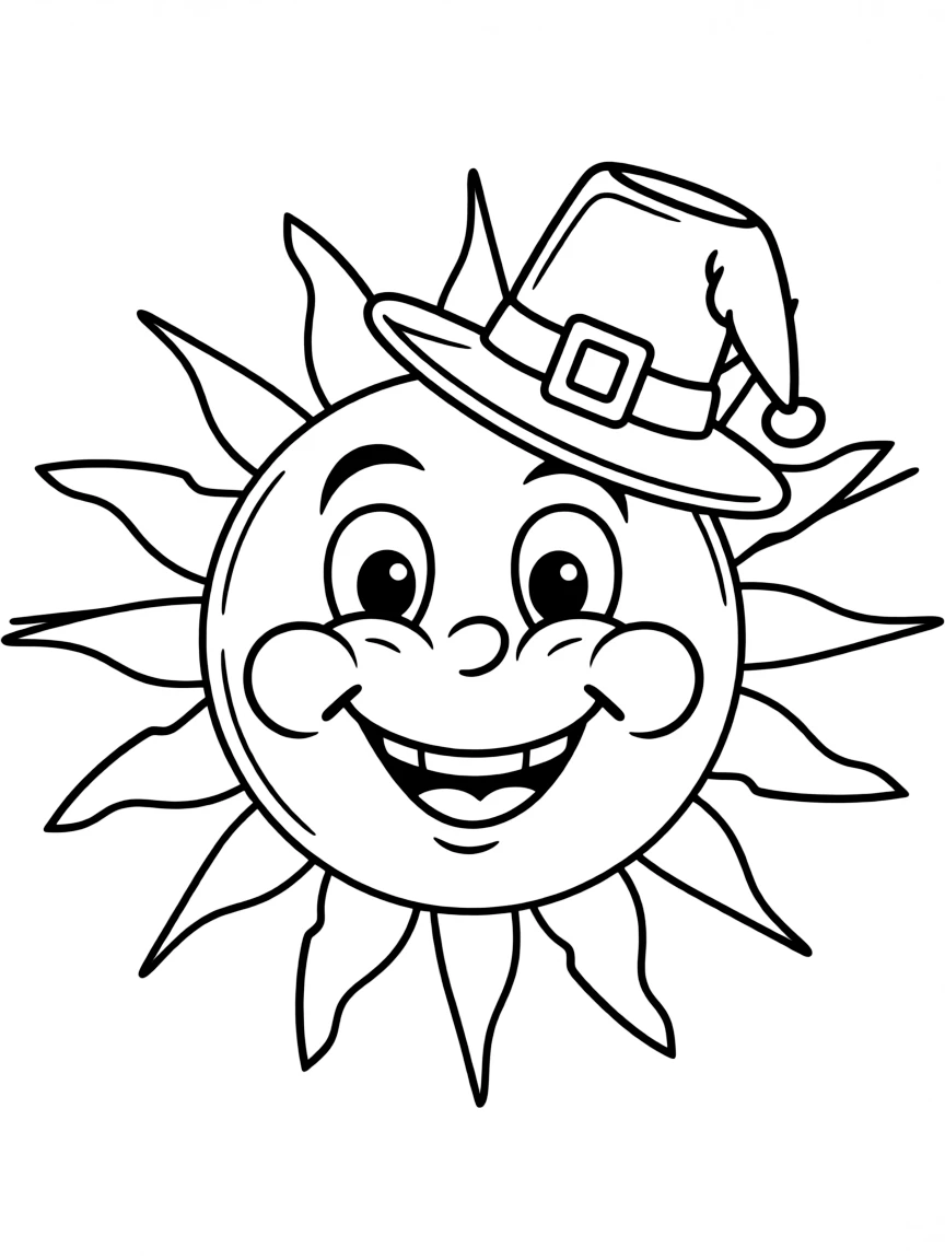 A smiling sun wearing a tiny pilgrim hat.
