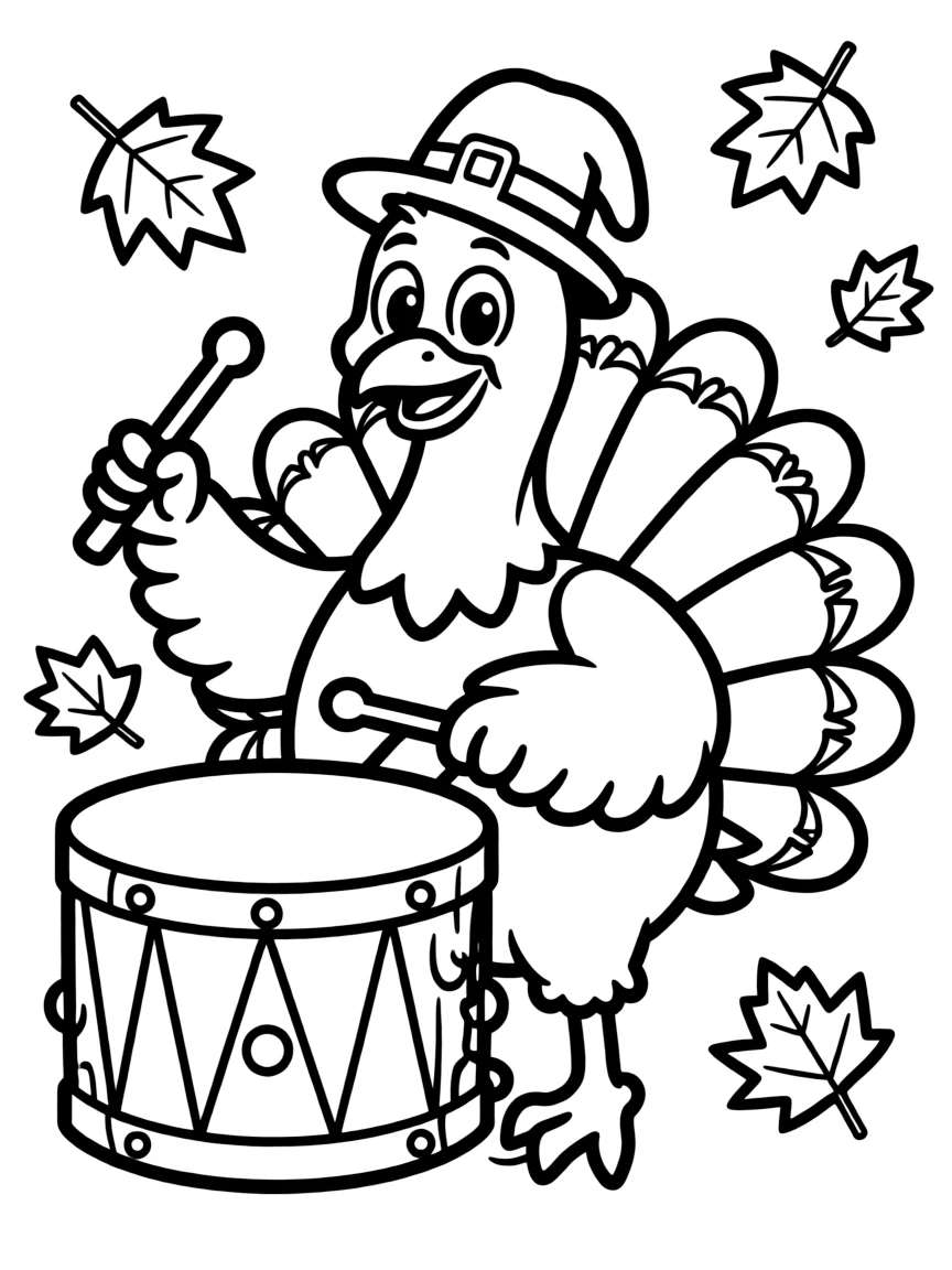 A cheerful turkey playing a drum.
