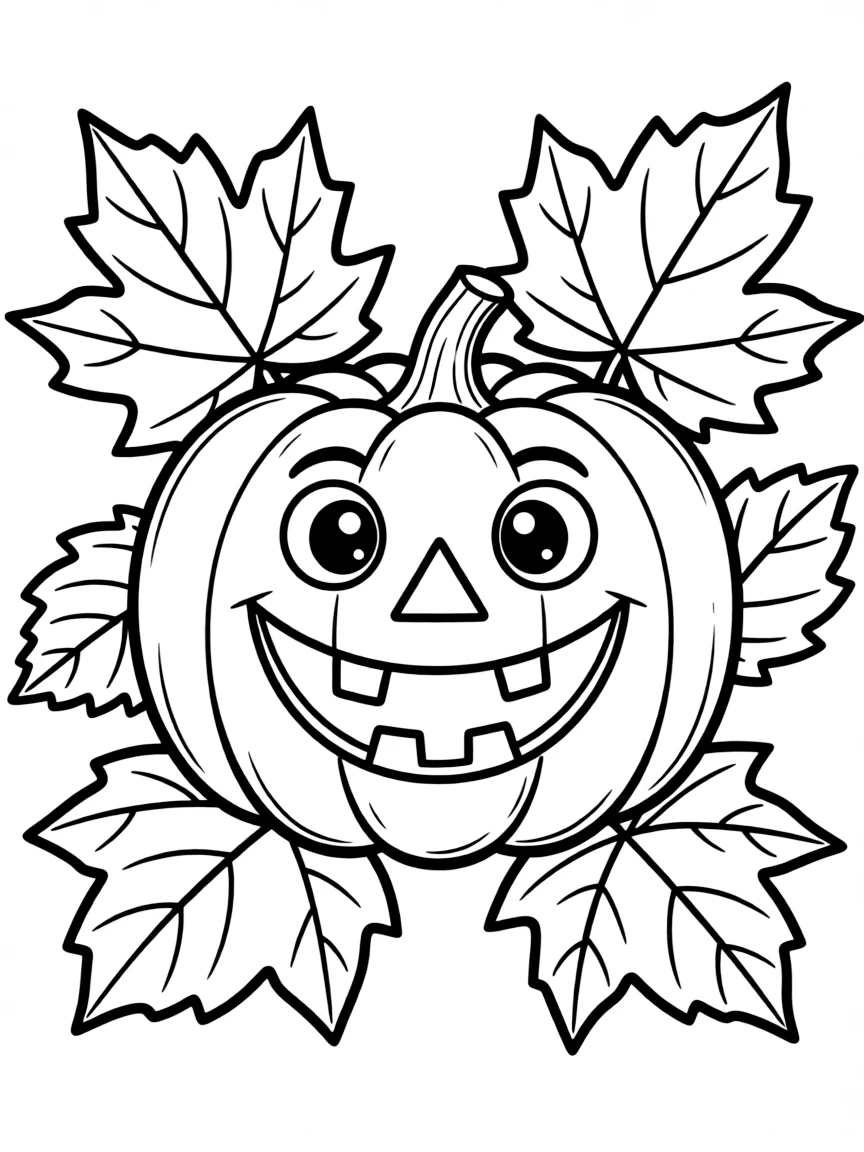 A big, round pumpkin with a friendly face, surrounded by autumn leaves.